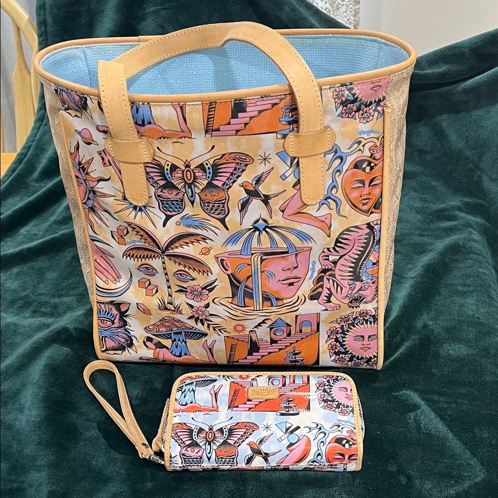 Consuela Multicolor Surreal Butterfly Tote with Matching Wallet